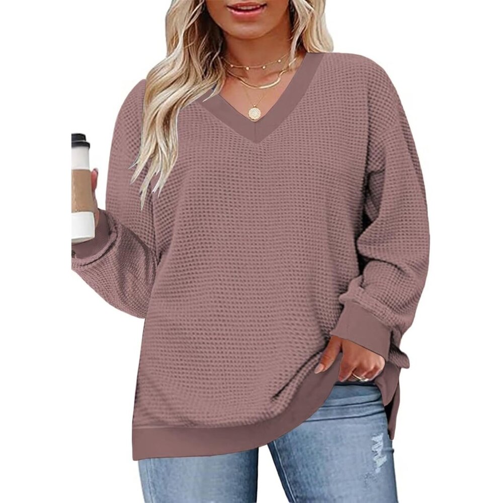 Plus-Size Women Sweater Waffle Knit V-Neck Side Split Casual Pullover